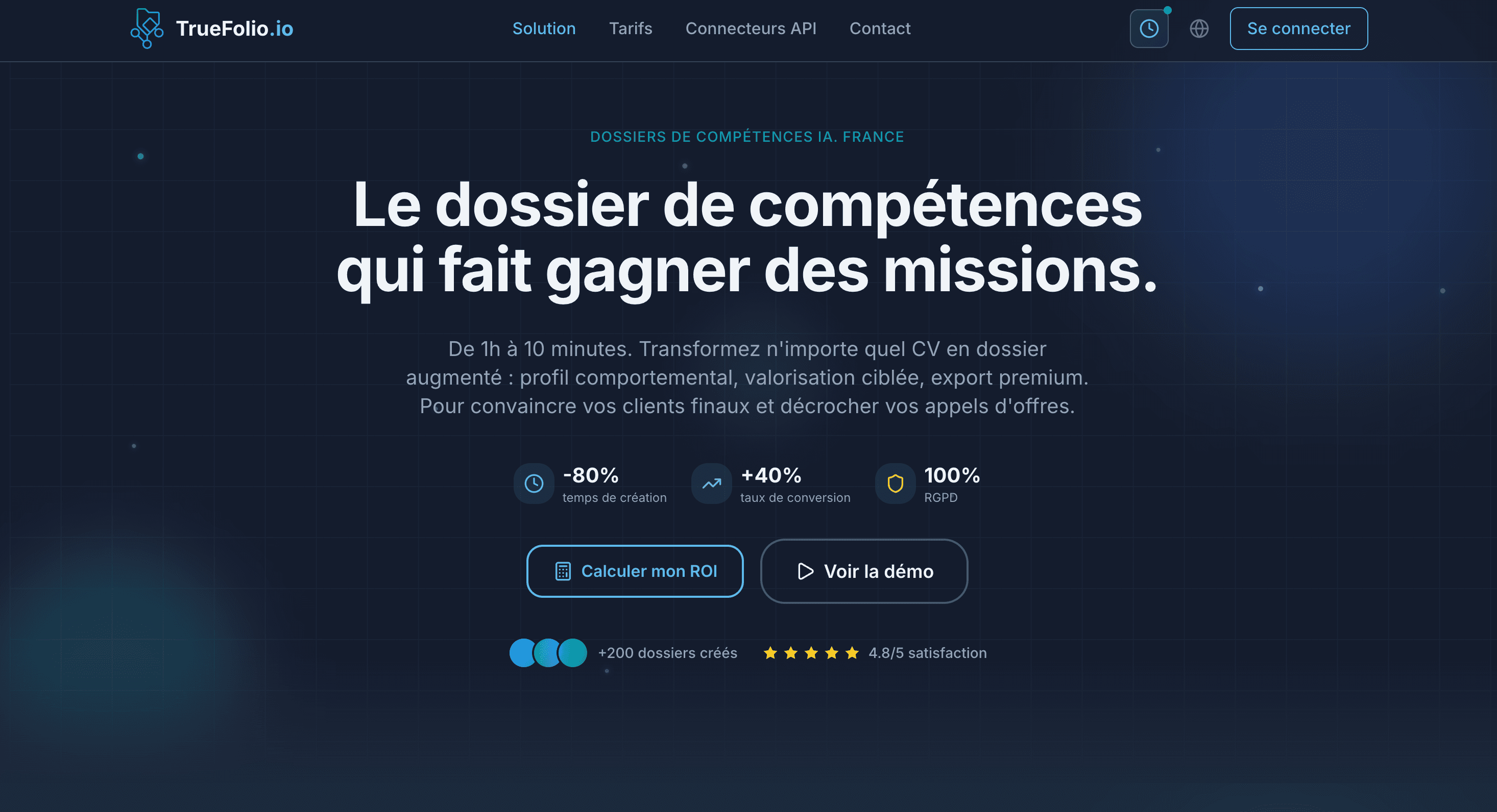 Page d'accueil de TrueFolio : dossiers de compétences pour ESN générés en 10 minutes au lieu d'une heure